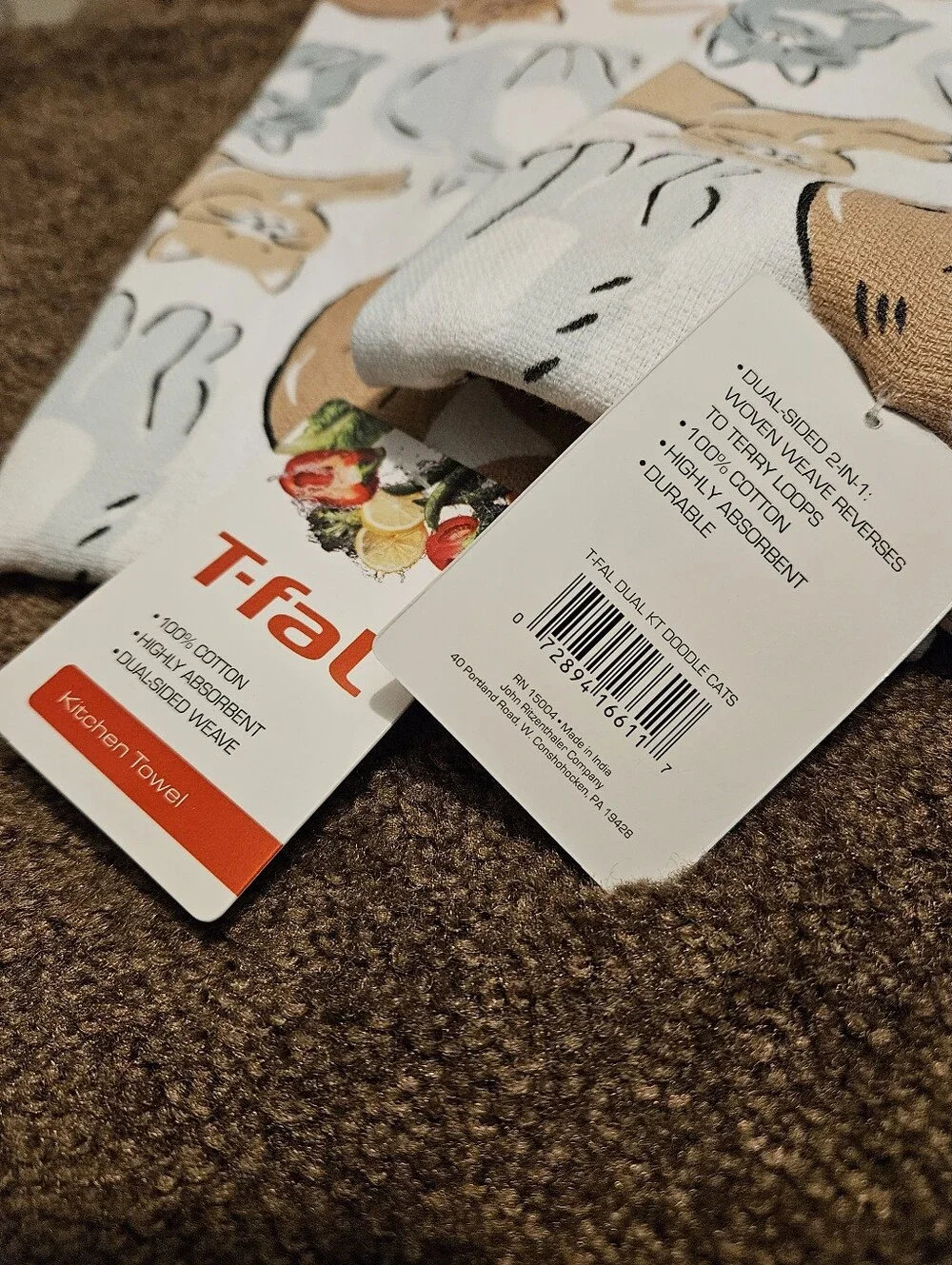 T-fal Dual Kt Doodle Cats Cat Kitchen Towel 100% Cotton (Lot of 2)